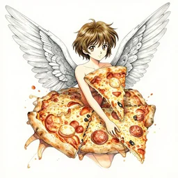 fairy girl with wings made of pizza slices, watercolor, pen and ink, intricate line drawings, by Yoshitaka Amano, Ruan Jia, Kentaro Miura, Artgerm, detailed, trending on artstation, hd, masterpiece,