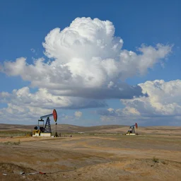 hyper detailed painting of blue sky and white puffy clouds over empty parched hilly plains with tiny industrial oil well pumpjacks, by francisco goya and rembrandt