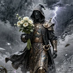plague doctor holding flowers, heavy rain, wind, thunder, reflections, deep focus, d & d, fantasy, intricate, elegant, highly detailed, digital painting, artstation, concept art, matte, sharp focus, illustration, hearthstone, art by artgerm and greg rutkowski and alphonse mucha