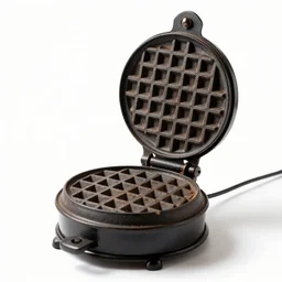 antique waffle iron, commercial catalog photo, isolated on a pure white background, centered, entire object in frame, sharp focus, soft studio lighting