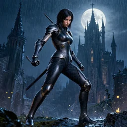 angry ole musky, wearing rain soaked armour in heavy rain, incredibly fine detailed portrait, battle angel alita, dynamic angle, elegant, full body profile, 2 0 0 mm focal length, highly detailed, dramatic full moon lighting, many fireflies, gothic castle prodominently in the background, movie cover