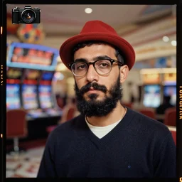 kodak portra 4 0 0, wetplate, 2 0 0 mm lens, 1 9 3 0 s colour portrait of a young ducktail bearded middle eastern american male with wayfarer glasses and red hat in front of a casino by saul leiter, insanely detailed, insanely intricate, depth of field, blueberry