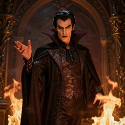 dracula posing, flames, dark atmosphere, cinematic shot, intricate, ornate, photorealistic, ultra detailed, realistic, 1 0 0 mm, photography, octane, high definition, depth of field, realism, 8 k, artstation