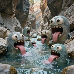 of a rocky canyon with a river running through it with strange cute friendly happy creatures with huge eyes, mouth, long tongue, round teeth and goofy face, appearing from the water, in the style of gehry and gaudi, macro lens, shallow depth of field, ultra detailed, digital painting, trending artstation, concept art, illustration, cinematic lighting, photorealism, epic, octane render