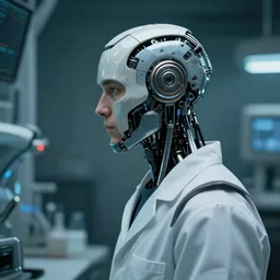 a laboratory operator man with cybernetic enhancements seen from a distance, 1 / 4 headshot, dystopian scifi character portrait by greg rutkowski, craig mullins, daytoner, cinematic lighting, dystopian scifi gear, profile picture, mechanical, cyborg, half robot