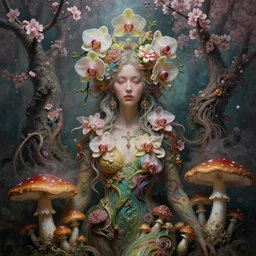 psychedelic organic shaman made of orchids and cherry blossom trees and mushrooms, diffuse lighting, fantasy, intricate, subconscious, highly detailed, photorealistic, digital painting, artstation, beautiful woman, concept art, smooth, sharp focus, by john collier and albert aublet, by amanda sage