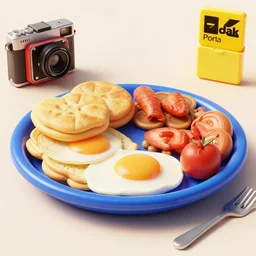 photorealistic 3 d render of american breakfast made of plastic, octane render, featured on cgsociety, trending on behance, brilliant studio lighting, kodak porta, hd 8 k,