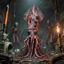pencils of brutalist medical, flayed animacules, unsymmetrical, horror squid block, surrounding med equipment, abandoned, by v finlay, wayne d barlowe, stefano tamburini, torch light, muted colors, epic, hyper detailed, awe inspiring, award winning horror, hyper realism, cinematic