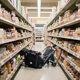 entire shelf having fallen down in the middle of a grocery store