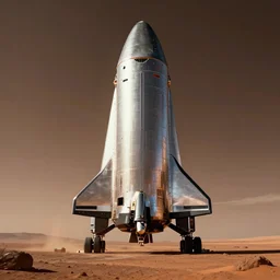 A professional futuristic photo of a giant gleaming SpaceX Starship made of steel on the plains of Mars; high-quality, dramatic lighting; extremely high detail; trending on artstation