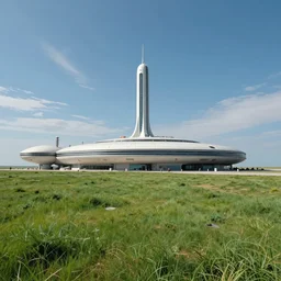 Science-Fiction research facility above a green grassy field on an alien planet, daylight, vanishing perspective view, blue sky with light clouds, Syd Mead, Retrofuturism, Detailed, 4k