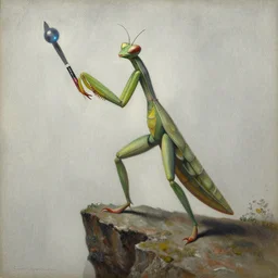 Frostpunk Man wearing a praying mantis costume standing on a cliff brandishing an orb uni-ball palette knife charlie bowater guwiez guillem h. pongiluppi donato giancola Bastien Lecouffe-Deharme j.c. leyendecker eleanor fortescue-brickdale artwork encaustic silverpoint