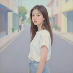 portrait of a beautiful girl, empty street, pastel colors by john chamberlain