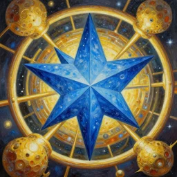 a giant blue star inside a golden artificial megastructure, highly detailed artwork, acrylic painting