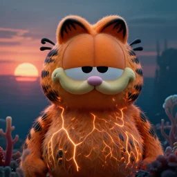 garfield, glowing veins subsurface scattering, deep sea, sunset, portrait by gerald brom, by mikhail vrubel, by peter elson, muted colors, extreme detail, trending on artstation, 8 k