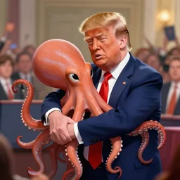 cartoon octopus hugging donald trump as he try to speech infront of public. 8k, hd, 4k, artstation.