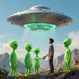 a flying saucer on a mountain, with green aliens coming out of it, shaking hands with a human.