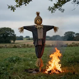 a pastoral scene in the english summer. a scarecrow is burning. he is alight. folk horror