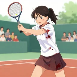 young adult woman playing tennis, anime, painful, cardboard, blood stains on shirt, blood on tennis court, bleeding audience, illustration, traditional drawing style, dramatic mood, textured canvas, highly detailed, fine art, melancholic art, oil pastels, 8 k render octane high definition cgsociety