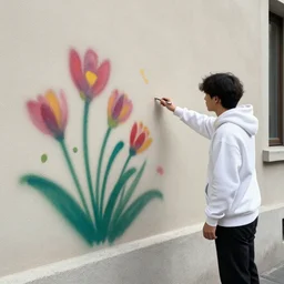 guy with white hoodie spray painting flowers in a wall in genova