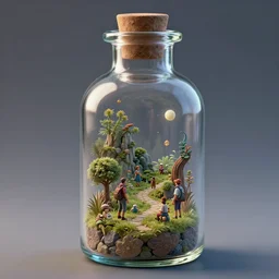 a tiny world inside a glass bottle with tiny people, character design, realistic, unreal engine 5, trending on artstation, Fantasy style, object , high detail