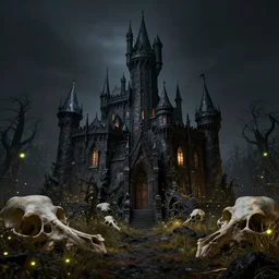hyperrealistic photograph of the black castle of rotbog swamp, fireflies, giant bones, tufts of grass, dim volumetric lighting, 8 k, octane beautifully detailed render, extremely hyper detailed, intricate, epic composition, cinematic lighting, masterpiece, trending on artstation, very very detailed, stunning, hdr, smooth, sharp focus, high resolution, award, winning photo, dslr, 5 0 mm