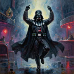 portrait oil painting, an ethereal darth vader, dancing in the rain at a strip club, ultra realistic, wide angle, intricate details, artifacts, luminous skies, highly detailed, michael cheval, peter mohrbacher, boris vallejo, jessica rossier, oil painting, highly detailed, cinematic lighting