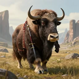 highly detailed portrait photo of an anthropomorphic mutant with the head of a musk ox, wearing a doublet, wearing a sword and is wandering through a scenic dystopian steppe, hyperrealistic Illustration