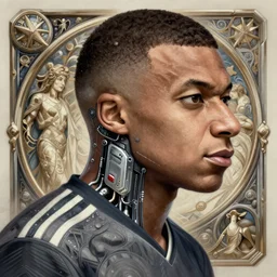 man mbappe with cyberpunk implants, deep focus, d & d, fantasy, intricate, elegant, highly detailed, digital painting, artstation, concept art, matte, sharp focus, illustration, hearthstone, art by artgerm and greg rutkowski and alphonse mucha