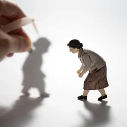 hand puppet shadows on white screen of an old woman walking bent over with a cane, backlit, shadows, soft shadows, - w 7 6 8