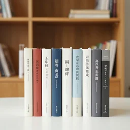 A collection of books on a table with an oak bookshelf in the background.