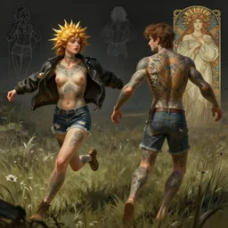 tattooed solar opposites wearing a jacket and ripped shorts running and dancing in a field, character sheet, character design, contrast, deep focus, turnaround, highly detailed, dramatic lighting, digital painting, artstation, concept art, matte, sharp focus, illustration, elegant, art by artgerm and greg f and alphonse mucha.