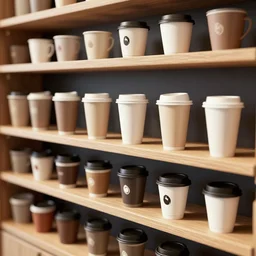 product display shelf of many different coffee cups, octane render, vray, perspective, detailed, editorial illustration, halftone texture, risograph, dynamic pose, matte print, grainy light, ( ( dither ) ), high contrast