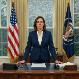 portrait of the united states president, aoc, alexandria ocasio cortez, standing in the oval office, resolute desk, 2 0 2 4, painting, oil on canvas by william sidney mount, trending on artstation, national archives