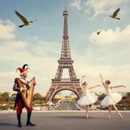 surreal birds in a sky above paris with court jesters playing lyres and ballerinas dancing in the street, highly detailed, surreal,
