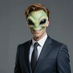 a hyper realistic portrait of a smiling male alien in a suit for adverisement, artstation