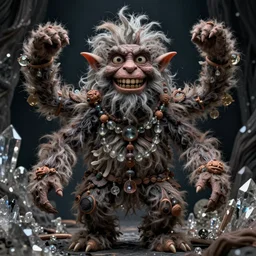 hyper realistic photography of hairy fluffy muppet show horror nightmare cultist elf goblin monster with long arms, real teeth, glass beads clay amulets, full body, cinematic symmetric dark _ crystal, brian froud, alan lee, jean baptiste monge, scott radke