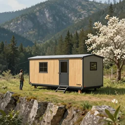 cabela's outdoors micro - compact modular home, quick assembly, utilitarian, glamping, airbnb, temporary emergency shelter, person in foreground, cliffside mountainous forested wilderness open fields, beautiful views, photorealistic painterly advertising concept art, sharp focus, joanna gaines, farmhouse, magnolia, architectural concept art painting