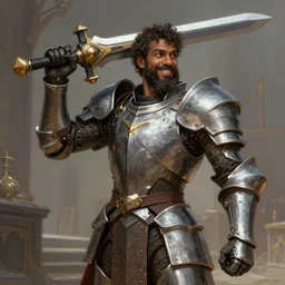 medium-length portrait of a male paladin with short curly hair and a dark beard, dark brown skin, happy expression, wears a suit of power armor, gundam, holding buster sword aloft, medieval setting, highly detailed, digital painting, artstation, concept art, sharp focus, illustration, art by greg rutkowski and alphonse mucha