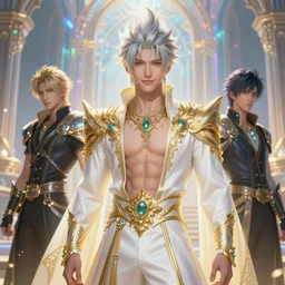 fullbody portrait of a young male fit hero with strange hairs, soft smile, baroque cloth, luminous scene, final fantasy and legue of legends champion, by chengwei pan and sakimichan, gradient white to gold, in front of an iridescent magical building background, highly detailed portrait, digital painting, smooth, focus illustration