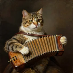 A painting of a half-man half-cat creature playing the hurdy gurdy.
