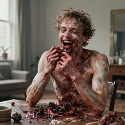 bright realistic anorexic man puking blood and smiling franticly, apartment, rotten flesh, diffuse lighting, fantasy, intricate, elegant, highly detailed, lifelike, photorealistic, digital painting, artstation, illustration, concept art, smooth, sharp focus, art by francis bacon and jenny saville
