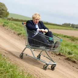 Boris Johnson riding in a shopping cart rolling down a steep dirt ramp in a rural area