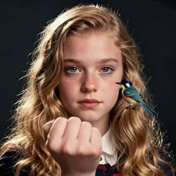 Millie Bobbie Brown/Eleven with a bird on her fist, closeup of fist, digital portrait by Greg Rutkowski, intricate, sharp focus, cinematic, epic, artstation