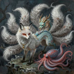 beautiful painting insiperd by the mythical beast in the classics chinese book 山 海 经, animal concept design : 九 尾 狐, 麒 麟, 章 鱼, high detail, religion light, grey blue and red dark green and white scheme by emil melmoth, craig mullins, greg rutkowski, fenghua zhong, pete morbacher, ultra detailed