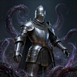 ultrarealistic, 3 d render, photographic portrait of a lifelike medieval armored knight transforming into a thick tentacle, surrounded by magic wisps, highly intricate, dramatic lighting, steel helmet, cosmic horror, extremely detailed, concept art, award - winning, masterpiece, art by alex grey