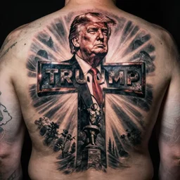 Tattoo of Donald Trump on a cross, back tattoo