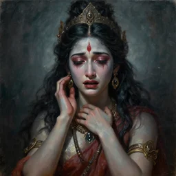 A sad cinematic crying mid portrait of the Hindu demon goddess of grief despair and eternal sorrow, by David Schleinkofer, by Wayne Barlowe, by Paul Lehr, by Bruce Pennington, by Zdzisław Beksiński, by HR Giger, oil on canvas, masterpiece, trending on artstation, featured on pixiv, cinematic composition, astrophotography, dramatic pose, beautiful lighting, sharp, details, details, details, hyper-detailed, no frames, 8K