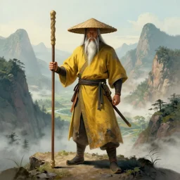 a single chinese battle monk, wearing a faded dark yellow toga, straw hat, holding a long wooden staff that is perpendicular to the floor, long white beard, standing on top of a mountain in the background a beautiful valley with mountains, full body shown, highly detailed, fantastical, drawn in the style of marc simonetti