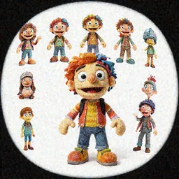 colorful puppet character design, character sheet, greg rutkowski, zabrocki, karlkka, jayison devadas, trending on artstation, 8 k, ultra wide angle, zenith view, pincushion lens effect